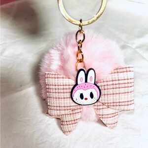 Charming Pink Soft Fur Labubu Keychain with Plaid Bow and Gold